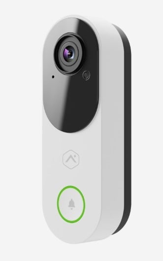 White and black video doorbell camera with illuminated green doorbell button and lens at top